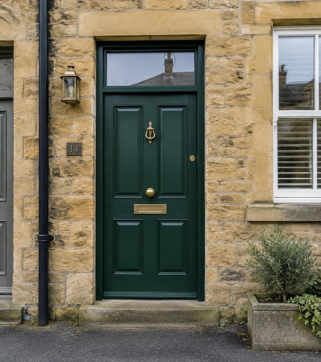 Green composite front door with glass toplight in a stone terraced house